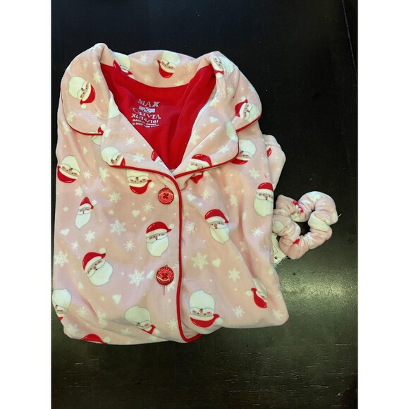 Max & Olivia Pajama Set Girls XL 14/16 Santa Snowflake Fleece Button Up Scrunchi - Picture 2 of 5